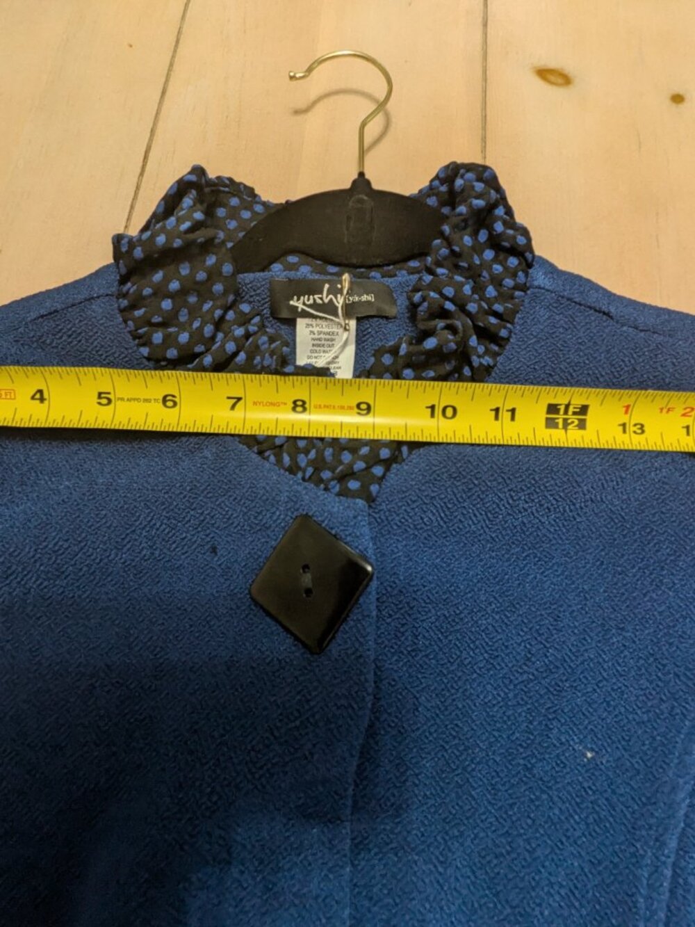 Yushi Blue Textured Swing Jacket Polka-Dot Ruffle Collar Made in USA, Size L - Picture 5 of 8